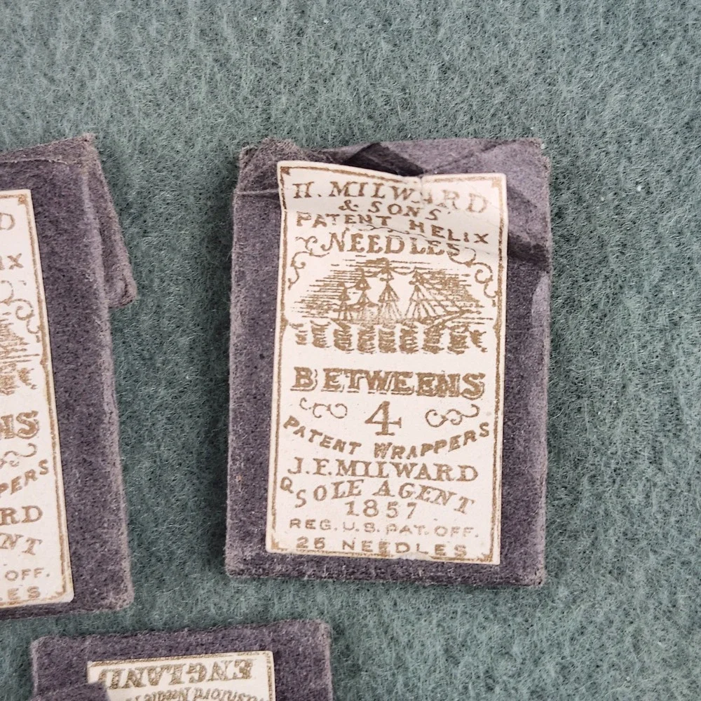 5x Antique H. Milward & Sons Patent Helix Needles SHARPS BETWEENS No. 4 & 5 1857